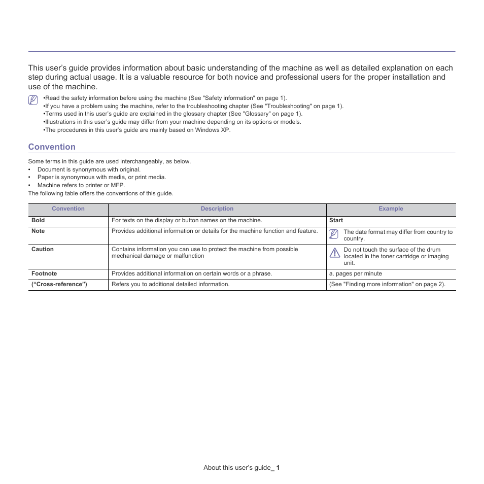 About this user’s guide, 1 about this user’s guide, Convention | Samsung CLX-318X User Manual | Page 22 / 151