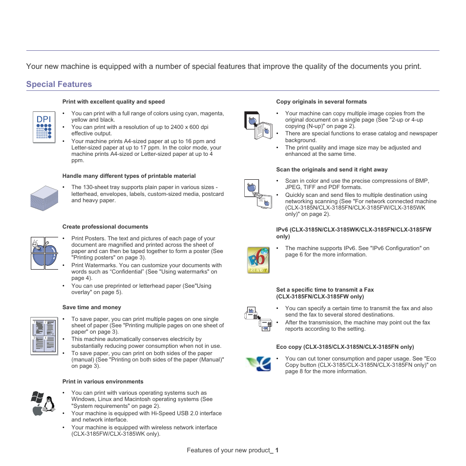 Features of your new product, 1 features of your new product, Special features | Samsung CLX-318X User Manual | Page 24 / 151