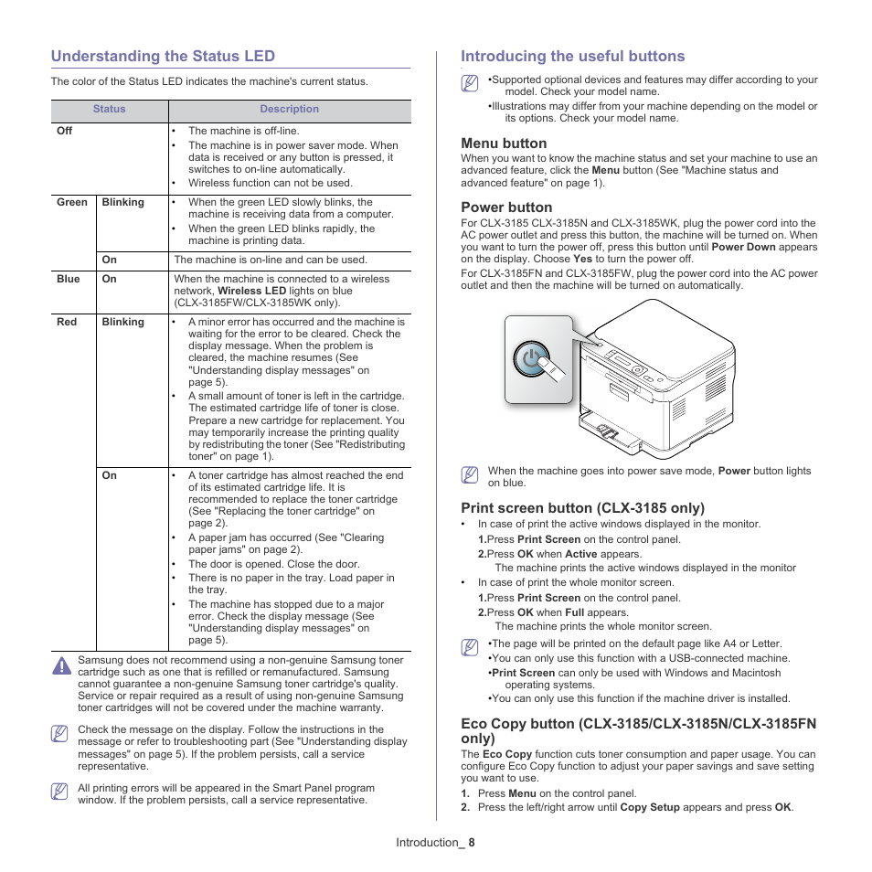 Understanding the status led, Introducing the useful buttons, Menu button | Power button, Print screen button (clx-3185 only) | Samsung CLX-318X User Manual | Page 33 / 151