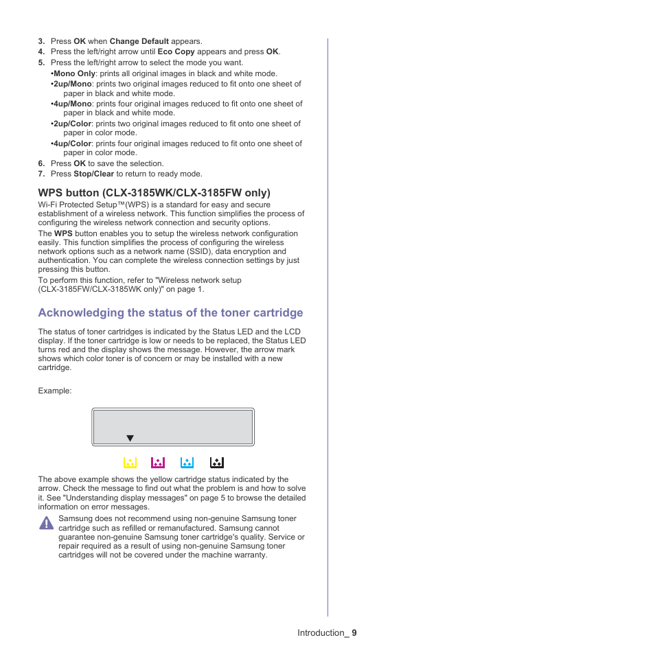 Acknowledging the status of the toner cartridge, Wps button (clx-3185wk/clx-3185fw only), 9 acknowledging the status of the toner cartridge | Ssages (see "acknowledging the status of the, Acknowledging the status of the | Samsung CLX-318X User Manual | Page 34 / 151