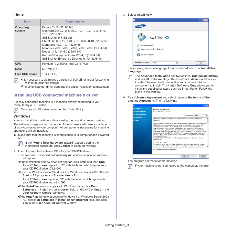 Installing usb connected machine’s driver, Linux, 3 installing usb connected machine’s driver | Windows | Samsung CLX-318X User Manual | Page 37 / 151