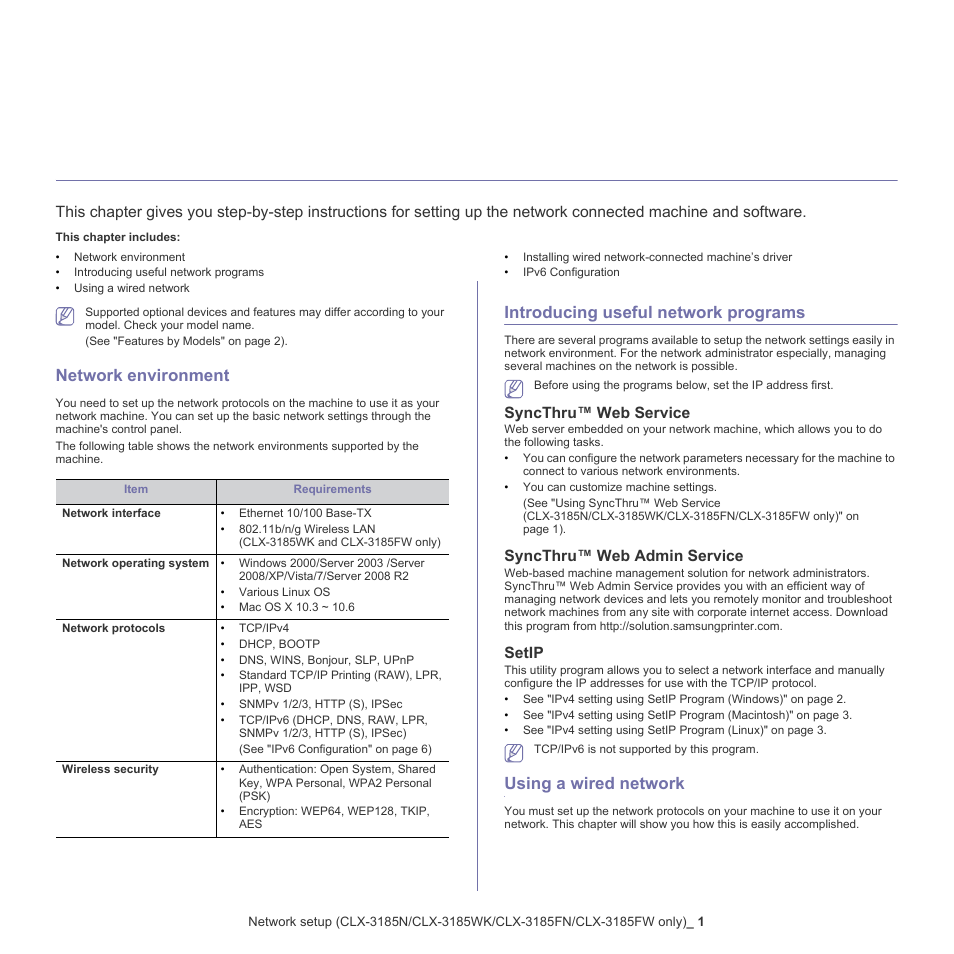 Network environment, Introducing useful network programs, Using a wired network | Network setup, Clx-3185n/clx-3185wk/clx-3185fn/clx-3185fw, Only), 1 network, Environment, 1 introducing useful network programs, Syncthru™ web service | Samsung CLX-318X User Manual | Page 41 / 151