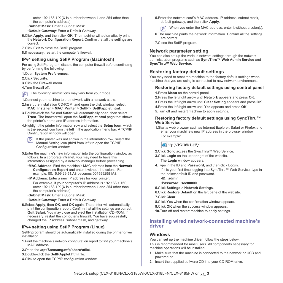 Network parameter setting, Restoring factory default settings, Windows | Samsung CLX-318X User Manual | Page 43 / 151