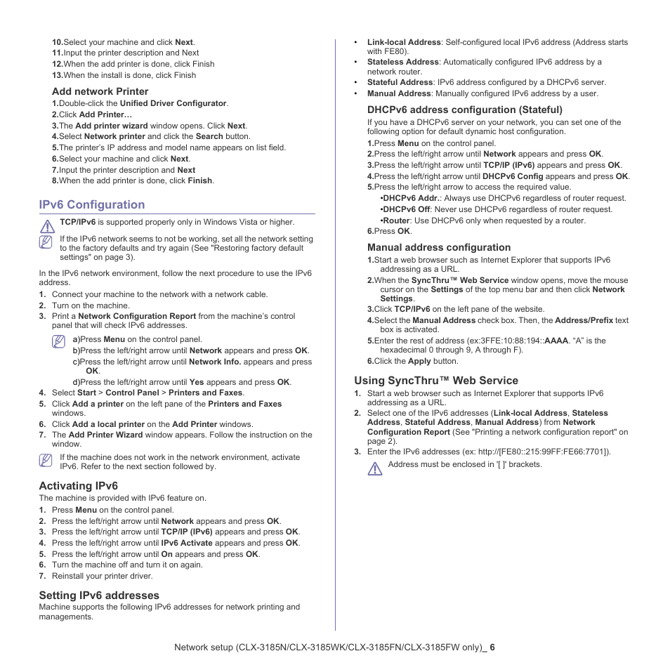 Ipv6 configuration, 6 ipv6, Configuration | Activating ipv6, Setting ipv6 addresses, Using syncthru™ web service, Ipv6 configuration" on | Samsung CLX-318X User Manual | Page 46 / 151