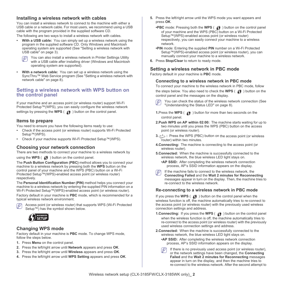 Installing a wireless network with cables, Items to prepare, Choosing your network connection | Changing wps mode, Setting a wireless network in pbc mode | Samsung CLX-318X User Manual | Page 48 / 151