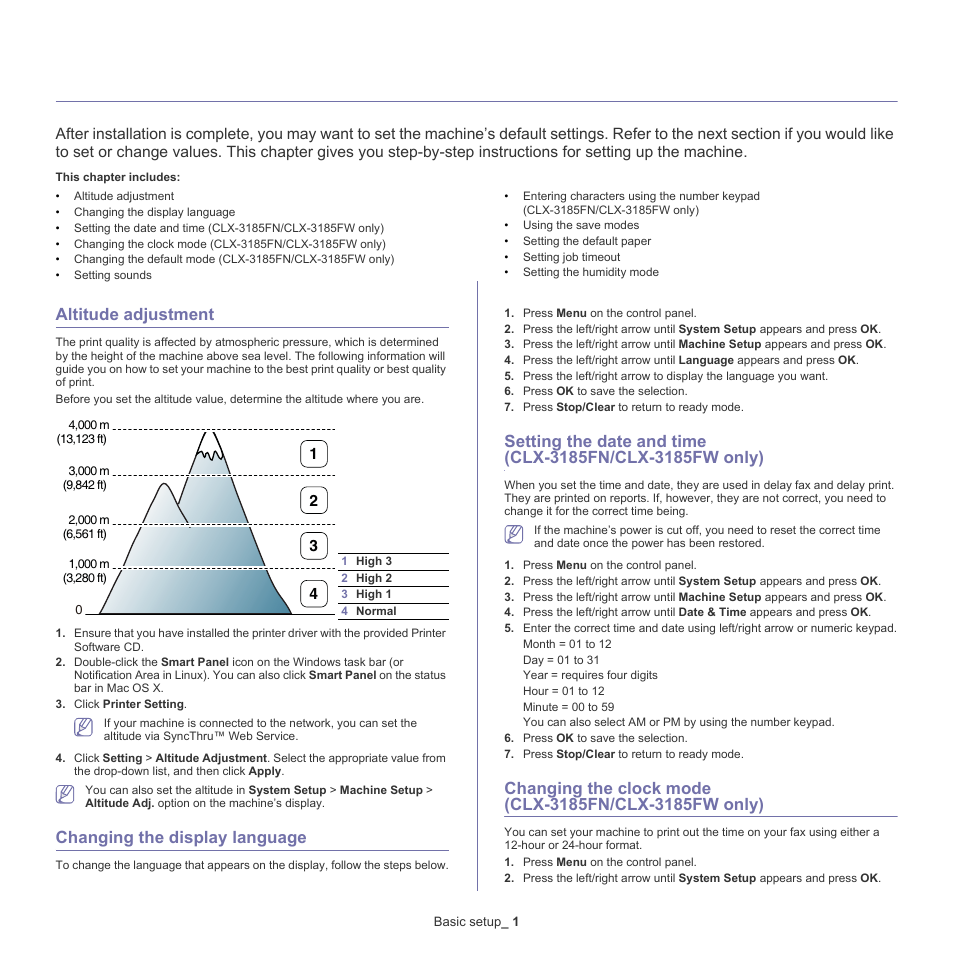 Basic setup, Altitude adjustment, Changing the display language | 1 altitude, Adjustment, Altitude adjustment" on | Samsung CLX-318X User Manual | Page 58 / 151