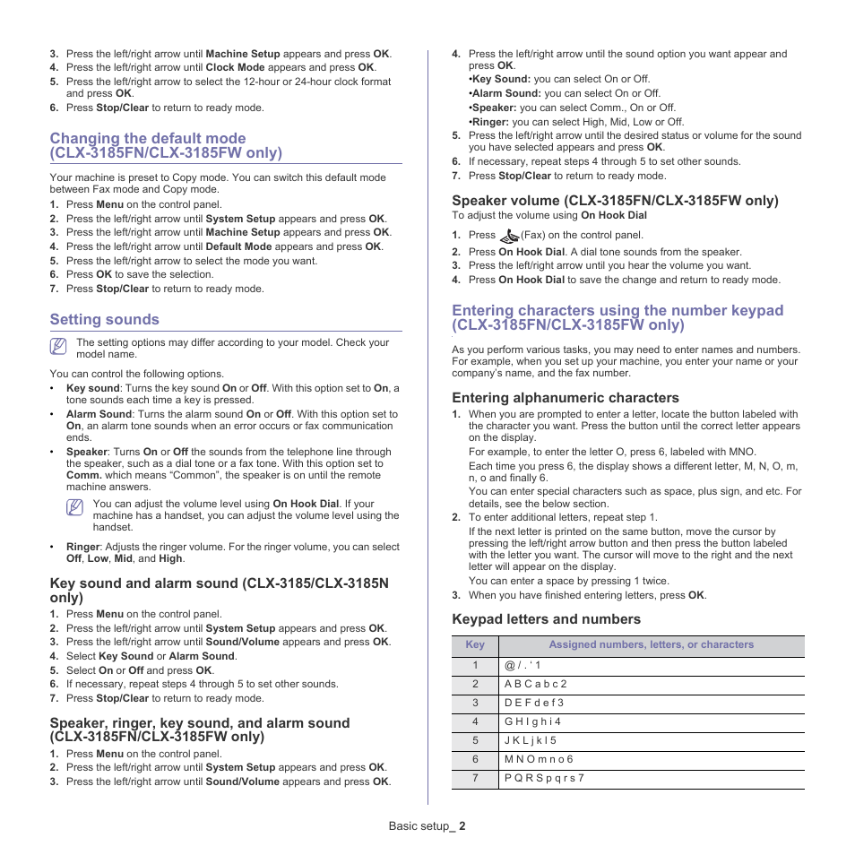 Setting sounds, Sounds, Speaker, ringer, key sound, and alarm sound | Clx-3185fn/clx-3185fw only), Speaker volume (clx-3185fn/clx-3185fw only), 2 entering characters using the number keypad, Entering alphanumeric characters, Keypad letters and numbers, Entering characters using the number keypad | Samsung CLX-318X User Manual | Page 59 / 151