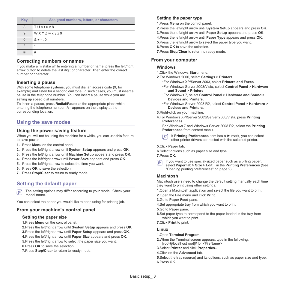 Using the save modes, Setting the default paper, Correcting numbers or names | Inserting a pause, 3 using the save modes, Using the power saving feature, 3 setting the default paper, From your machine’s control panel, From your computer | Samsung CLX-318X User Manual | Page 60 / 151