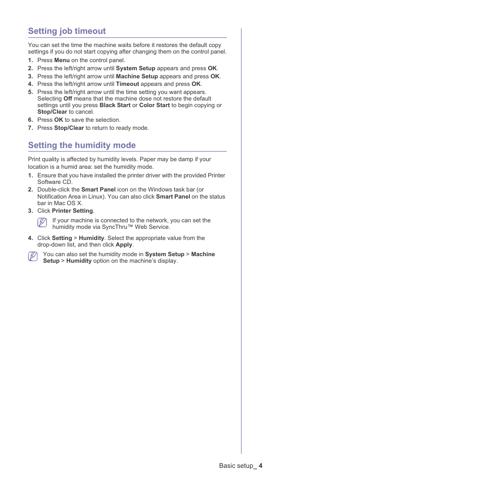 Setting job timeout, Setting the humidity mode, 4 setting job timeout 4 setting the humidity mode | Samsung CLX-318X User Manual | Page 61 / 151