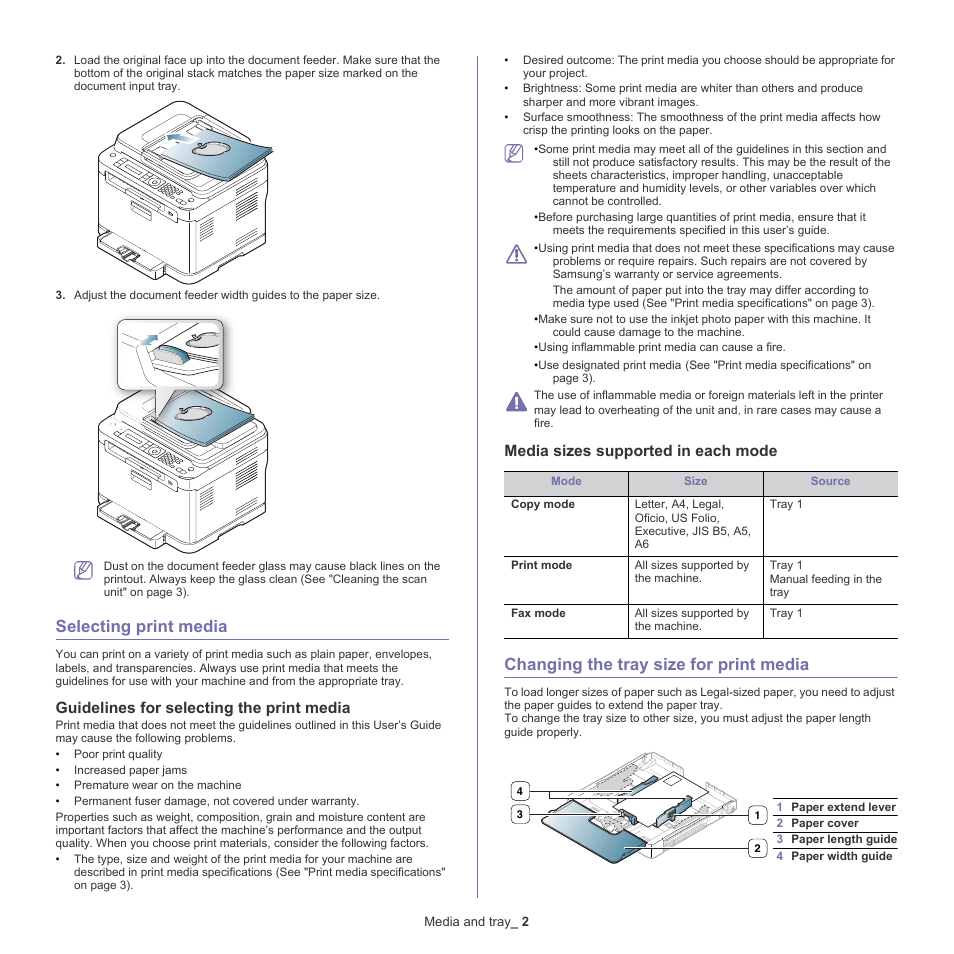 Selecting print media, Changing the tray size for print media, 2 selecting print media | Guidelines for selecting the print media, Media sizes supported in each mode, 2 changing the tray size for print media | Samsung CLX-318X User Manual | Page 63 / 151