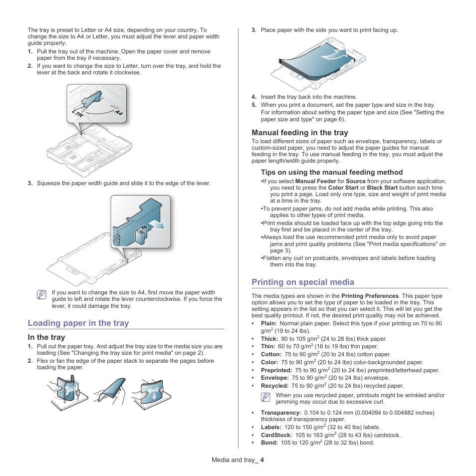 Loading paper in the tray, Printing on special media, 4 loading paper in the tray | In the tray, Manual feeding in the tray, 4 printing on special media | Samsung CLX-318X User Manual | Page 65 / 151