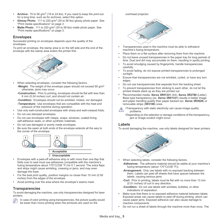 Envelopes, Transparencies, Labels | Samsung CLX-318X User Manual | Page 66 / 151