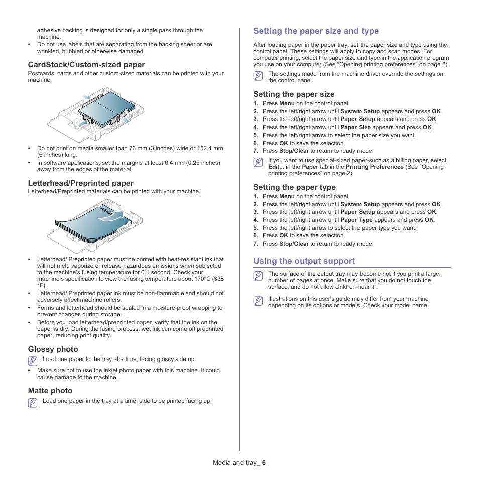 Setting the paper size and type, Using the output support, Cardstock/custom-sized paper | Letterhead/preprinted paper, Glossy photo, Matte photo, 6 setting the paper size and type, Setting the paper size, Setting the paper type, 6 using the output support | Samsung CLX-318X User Manual | Page 67 / 151