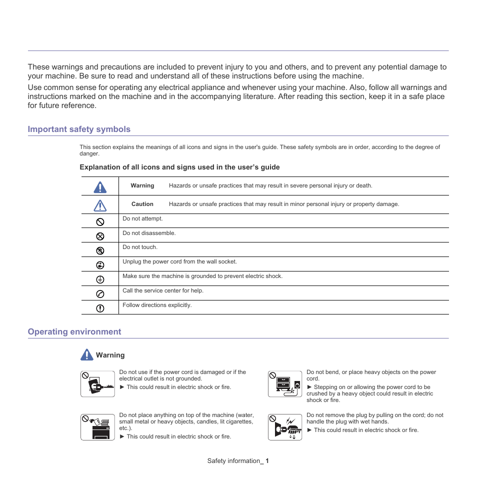 Safety information, 1 safety information | Samsung CLX-318X User Manual | Page 7 / 151