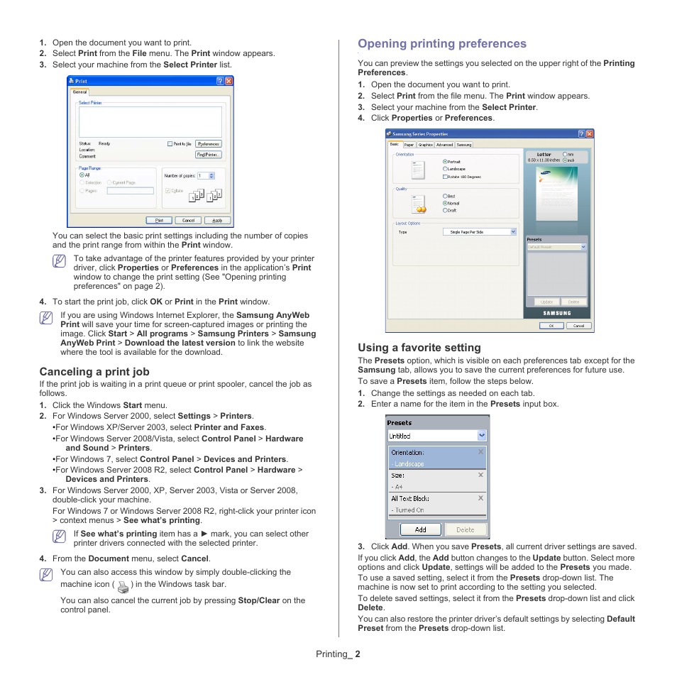 Opening printing preferences, Canceling a print job, 2 opening | Printing, Preferences, Using a favorite setting | Samsung CLX-318X User Manual | Page 70 / 151