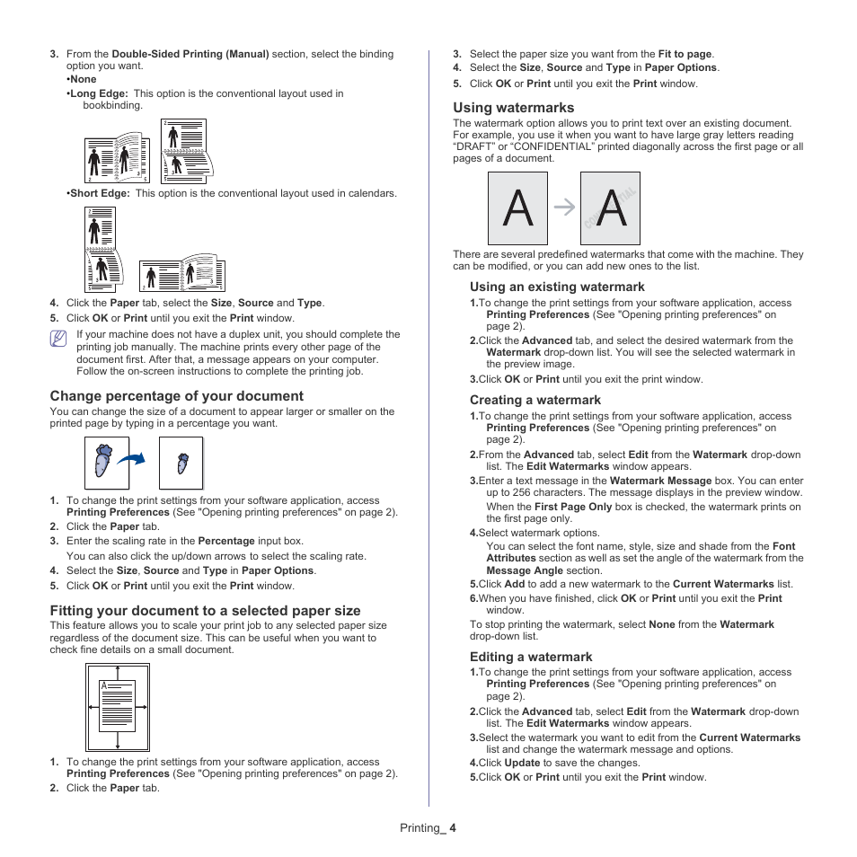 Change percentage of your document, Fitting your document to a selected paper size, Using watermarks | Using watermarks" on | Samsung CLX-318X User Manual | Page 72 / 151