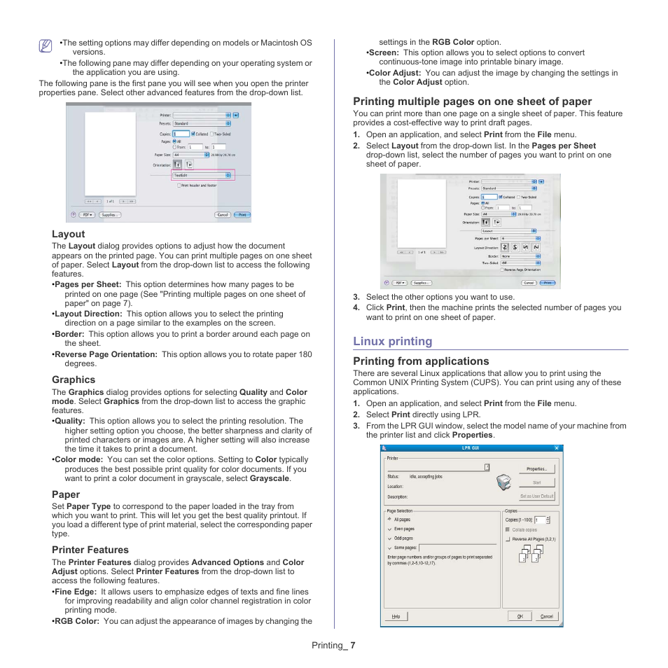 Linux printing, 7 linux, Printing | Printing from applications, Printing multiple pages on one sheet of paper | Samsung CLX-318X User Manual | Page 75 / 151