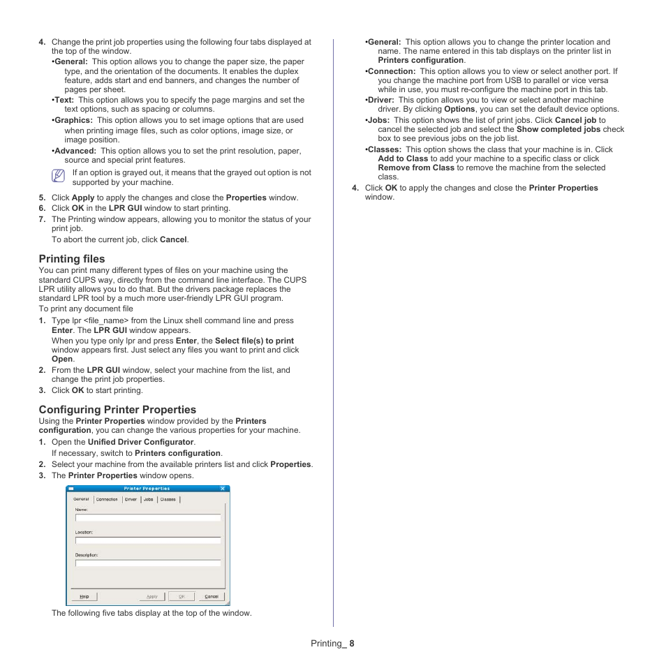 Printing files, Configuring printer properties | Samsung CLX-318X User Manual | Page 76 / 151