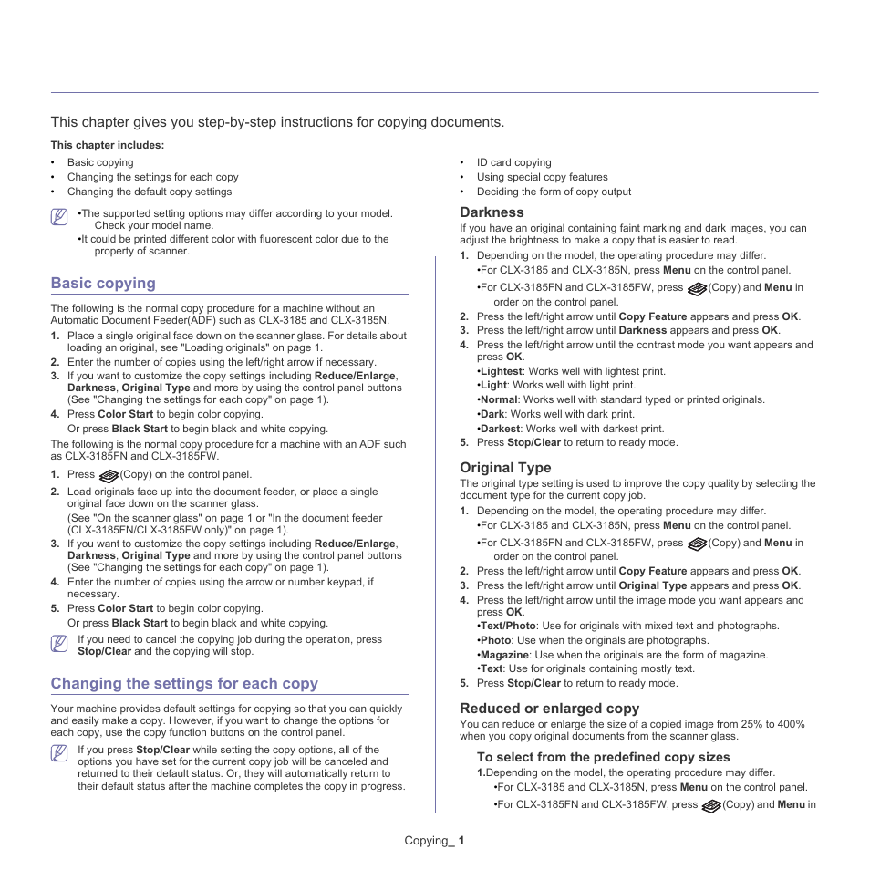 Copying, Basic copying, Changing the settings for each copy | 1 basic, 1 changing the settings for each copy, Darkness, Original type, Reduced or enlarged copy | Samsung CLX-318X User Manual | Page 77 / 151