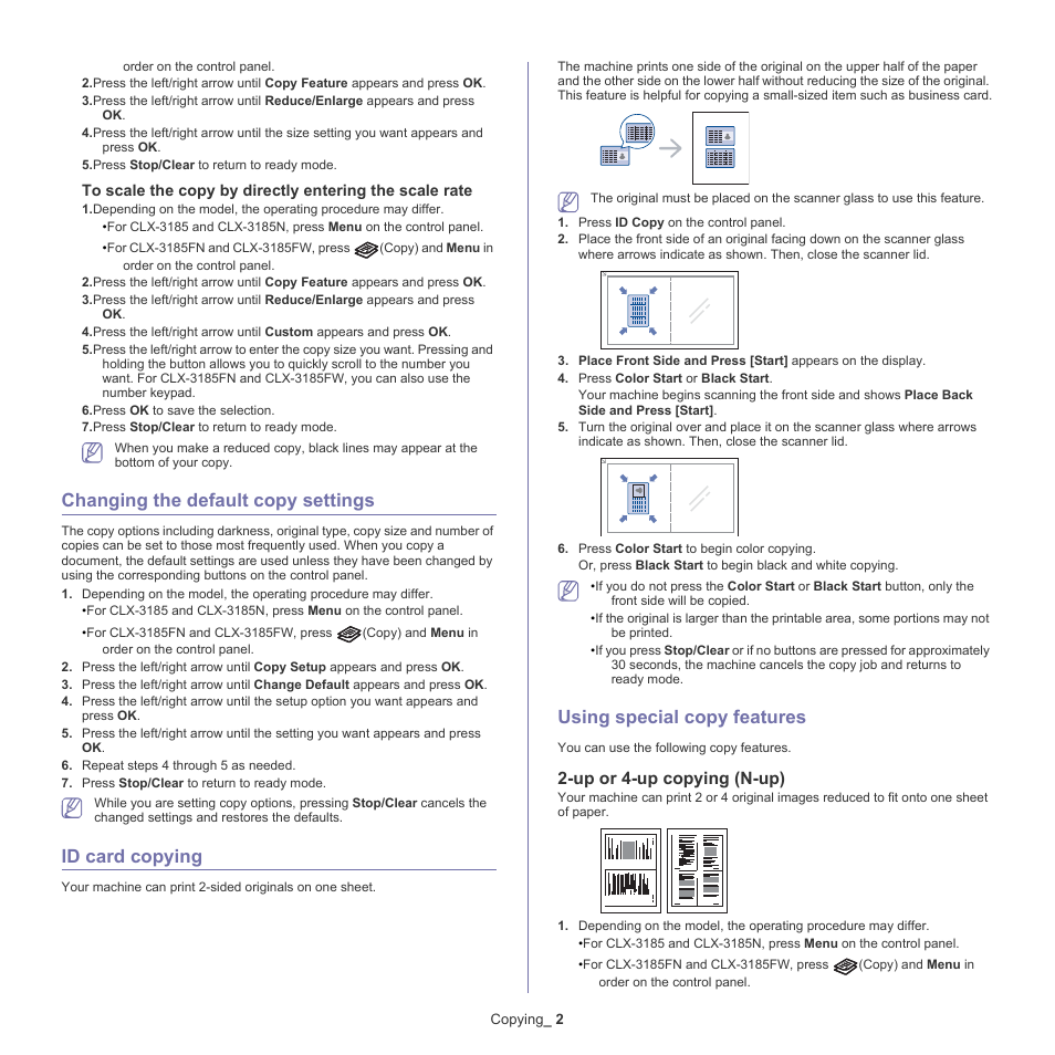 Changing the default copy settings, Id card copying, Using special copy features | Up or 4-up copying (n-up), Up or 4-up | Samsung CLX-318X User Manual | Page 78 / 151