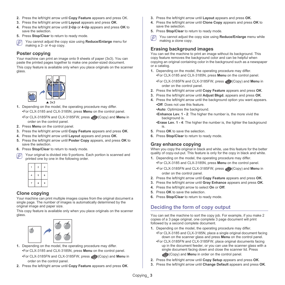 Deciding the form of copy output, Poster copying, Clone copying | Erasing background images, Gray enhance copying, 3 deciding the form of copy output | Samsung CLX-318X User Manual | Page 79 / 151