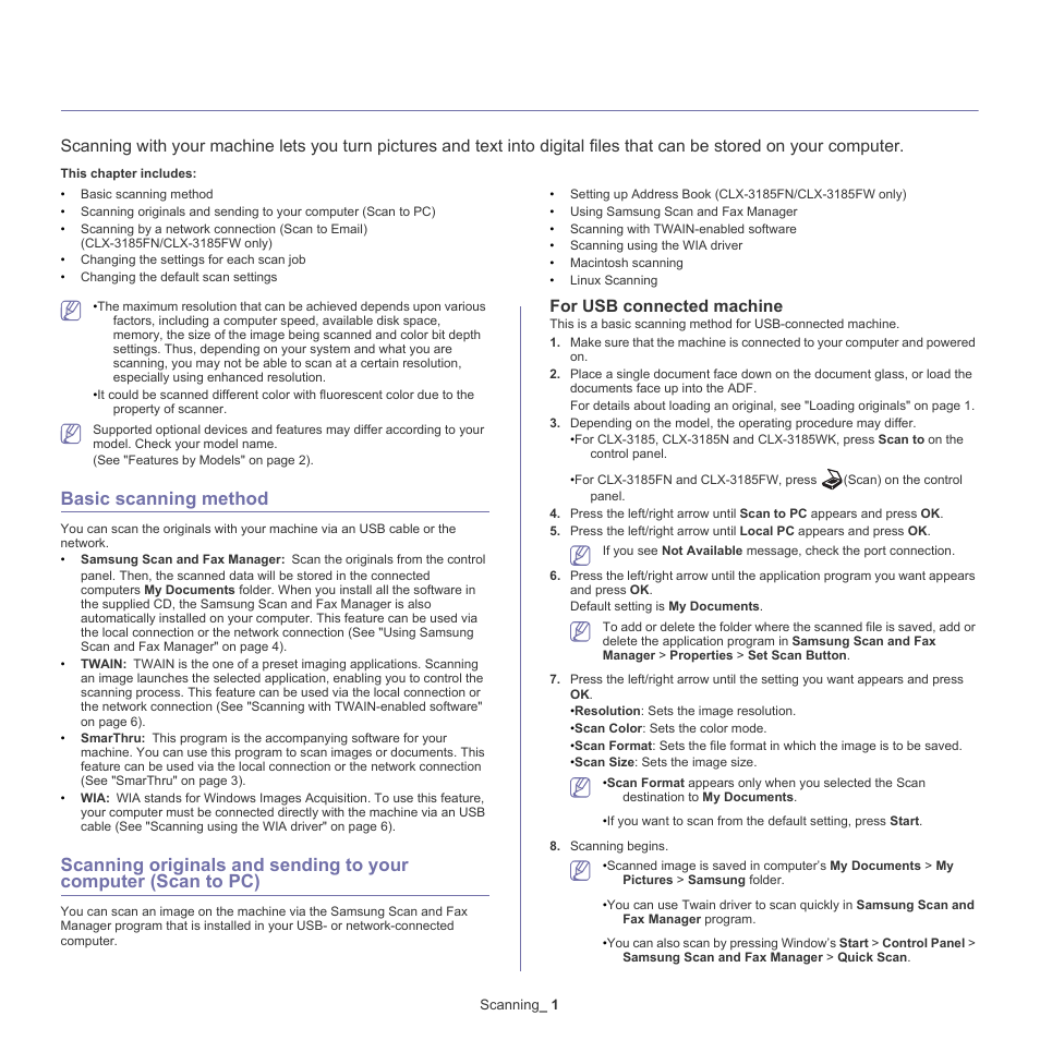 Scanning, Basic scanning method, For usb connected machine | Samsung CLX-318X User Manual | Page 81 / 151