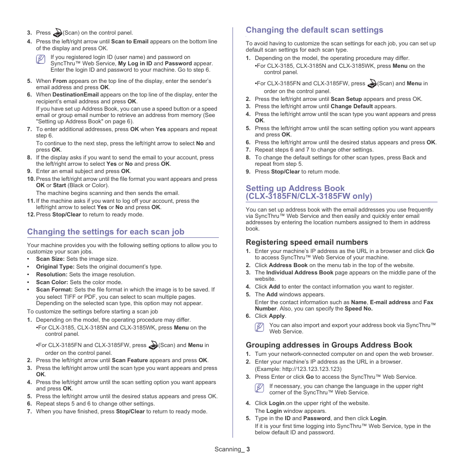 Changing the settings for each scan job, Changing the default scan settings, Registering speed email numbers | Grouping addresses in groups address book | Samsung CLX-318X User Manual | Page 83 / 151