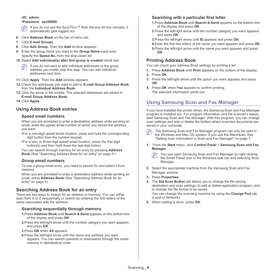 Using samsung scan and fax manager, Using address book entries, Searching address book for an entry | Printing address book, 4 using samsung scan and fax manager, Ection (see "using samsung | Samsung CLX-318X User Manual | Page 84 / 151