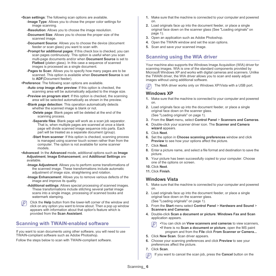 Scanning with twain-enabled software, Scanning using the wia driver, Windows xp | Windows vista | Samsung CLX-318X User Manual | Page 86 / 151