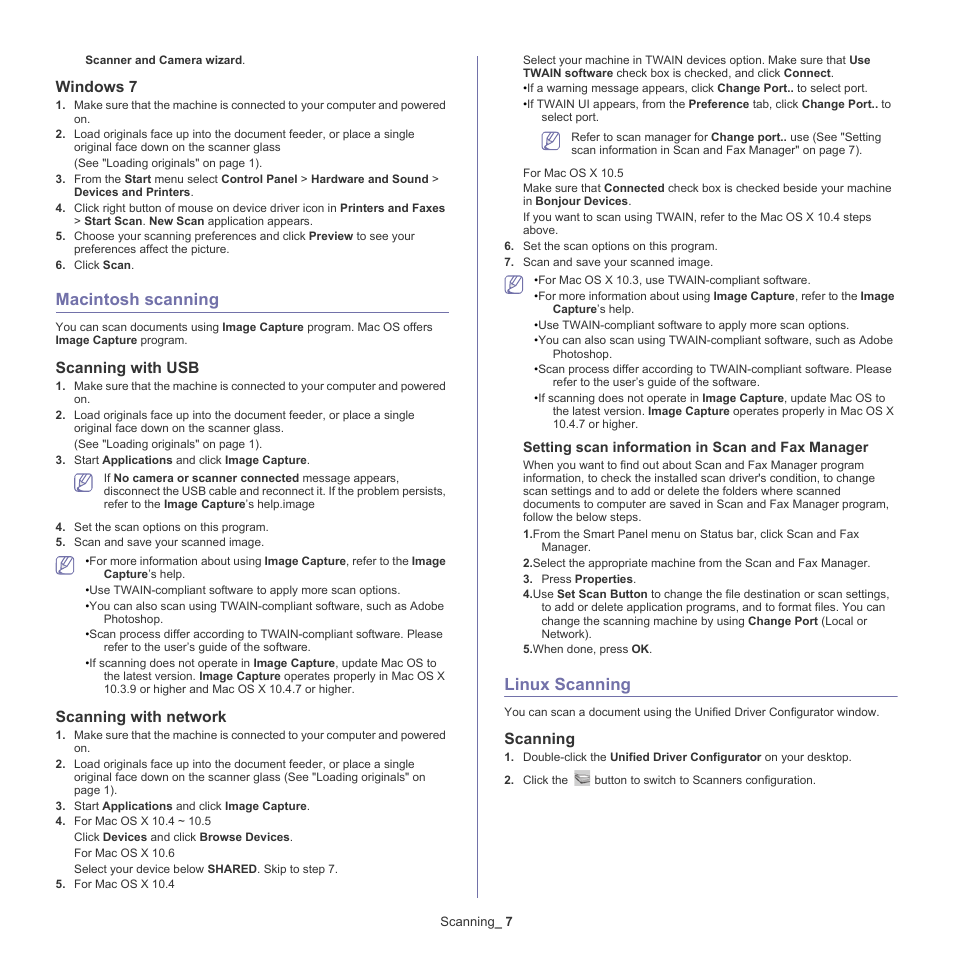 Macintosh scanning, Linux scanning, Windows 7 | 7 macintosh, Scanning, Scanning with usb, Scanning with network, 7 linux | Samsung CLX-318X User Manual | Page 87 / 151