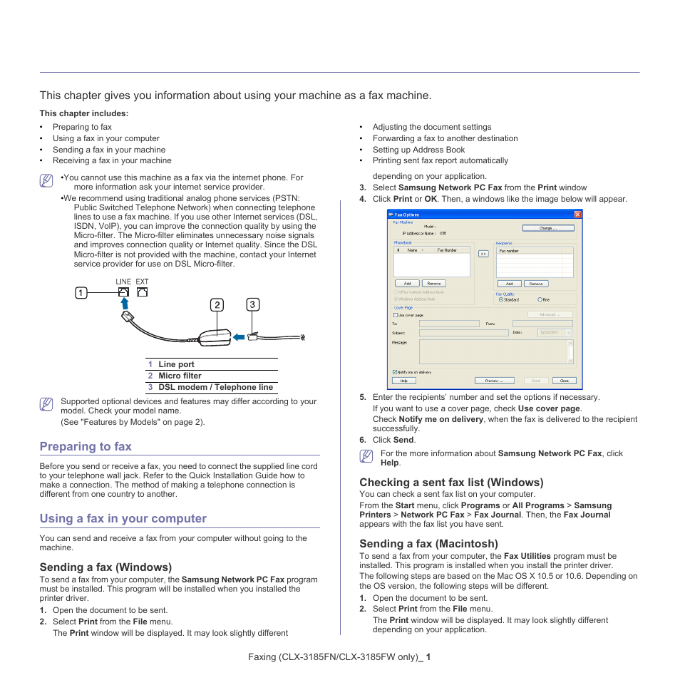 Faxing (clx-3185fn/clx-3185fw only), Preparing to fax, Using a fax in your computer | 1 preparing to fax 1 using a fax in your computer, Sending a fax (windows), Checking a sent fax list (windows), Sending a fax (macintosh) | Samsung CLX-318X User Manual | Page 90 / 151