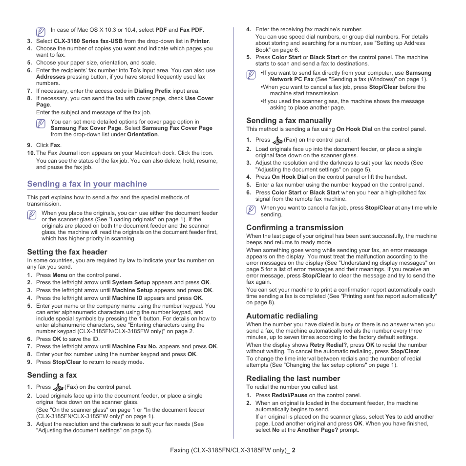 Sending a fax in your machine, 2 sending a fax in your machine, Setting the fax header | Sending a fax, Sending a fax manually, Confirming a transmission, Automatic redialing, Redialing the last number | Samsung CLX-318X User Manual | Page 91 / 151