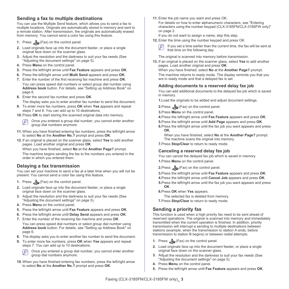 Sending a fax to multiple destinations, Delaying a fax transmission, Sending a priority fax | Samsung CLX-318X User Manual | Page 92 / 151