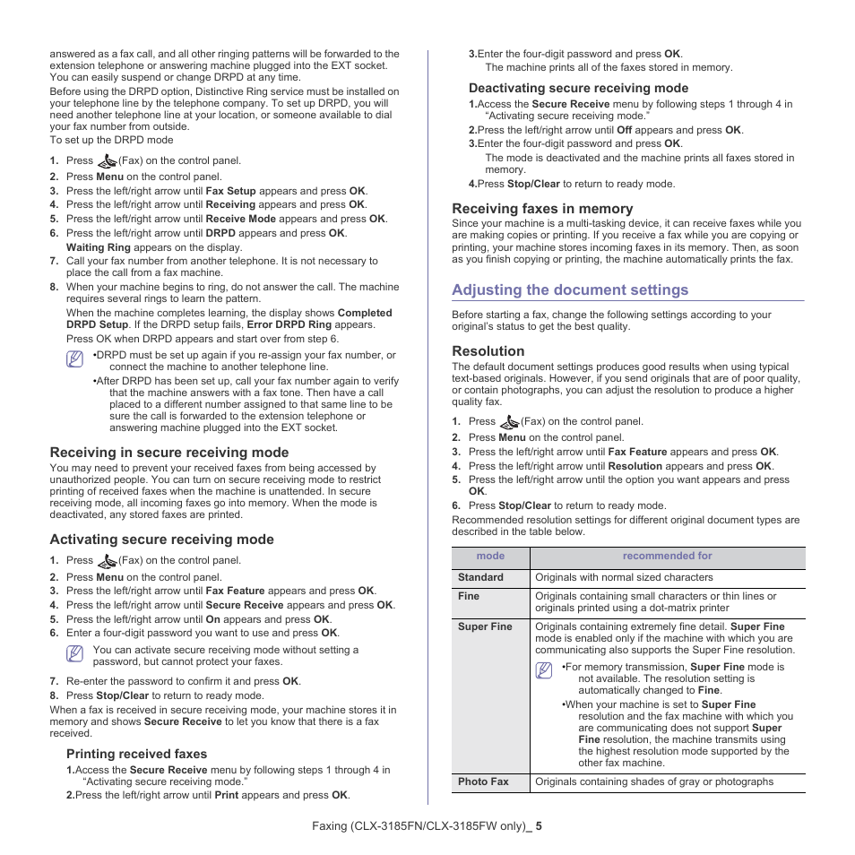 Adjusting the document settings, Receiving in secure receiving mode, Activating secure receiving mode | Receiving faxes in memory, 5 adjusting the document settings, Resolution | Samsung CLX-318X User Manual | Page 94 / 151