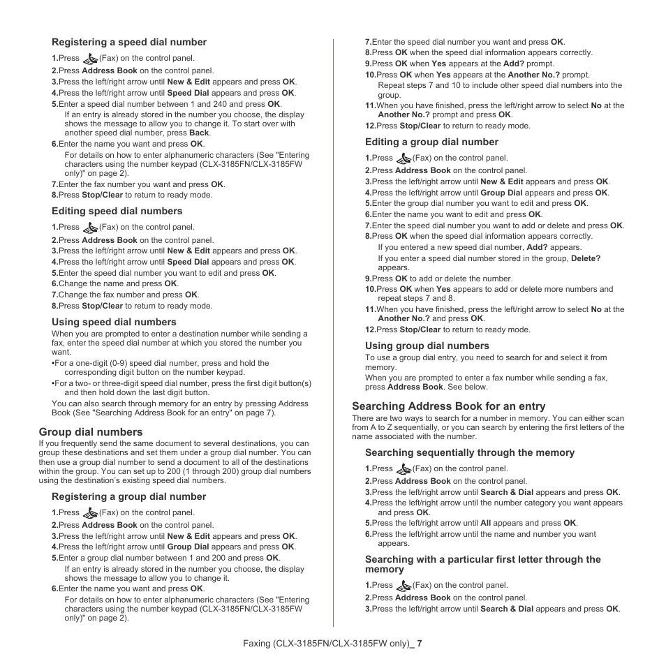 Group dial numbers, Searching address book for an entry | Samsung CLX-318X User Manual | Page 96 / 151