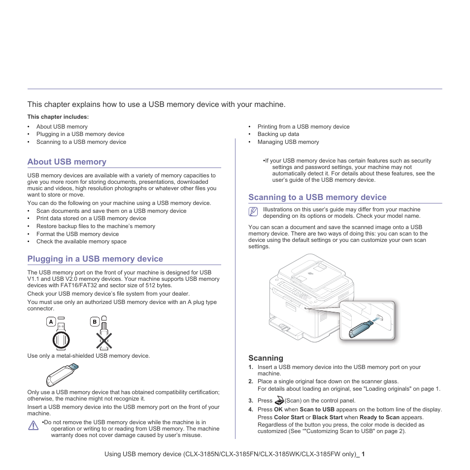 About usb memory, Plugging in a usb memory device, Scanning to a usb memory device | Using usb memory device, Clx-3185n/clx-3185fn/clx-3185wk/clx-3185fw, Only), Scanning | Samsung CLX-318X User Manual | Page 98 / 151