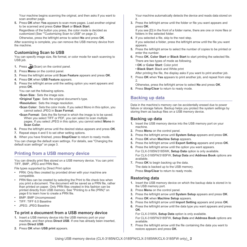 Printing from a usb memory device, Backing up data, Customizing scan to usb | 2 printing from a usb memory device, To print a document from a usb memory device, 2 backing, Data, Restoring data | Samsung CLX-318X User Manual | Page 99 / 151