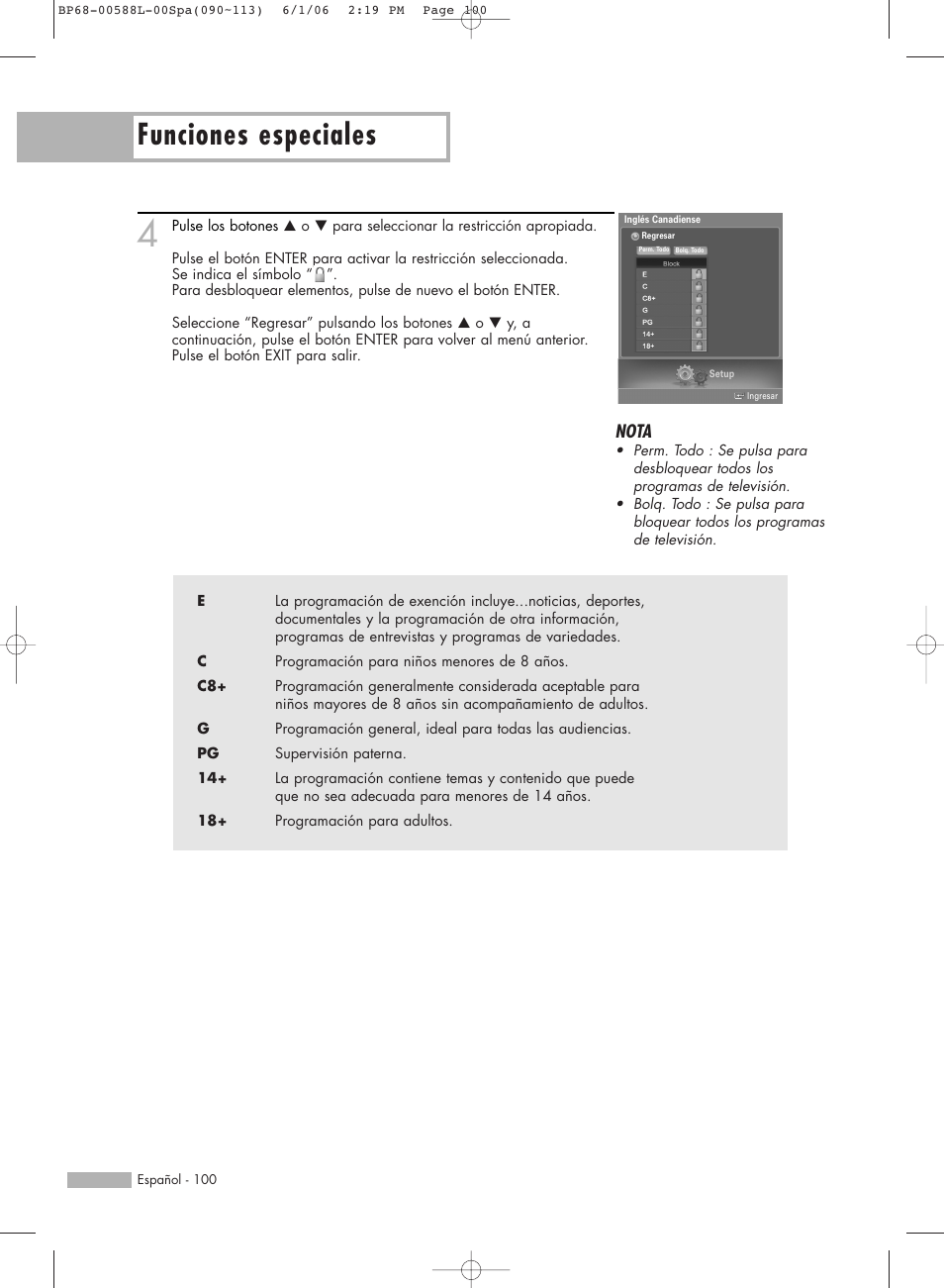 Funciones especiales, Nota | Samsung HL-S5088W User Manual | Page 100 / 164