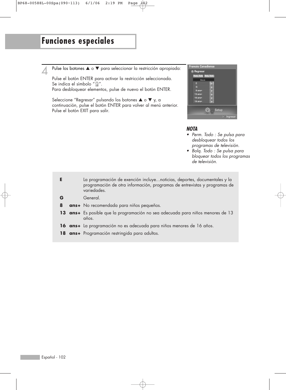 Funciones especiales, Nota | Samsung HL-S5088W User Manual | Page 102 / 164