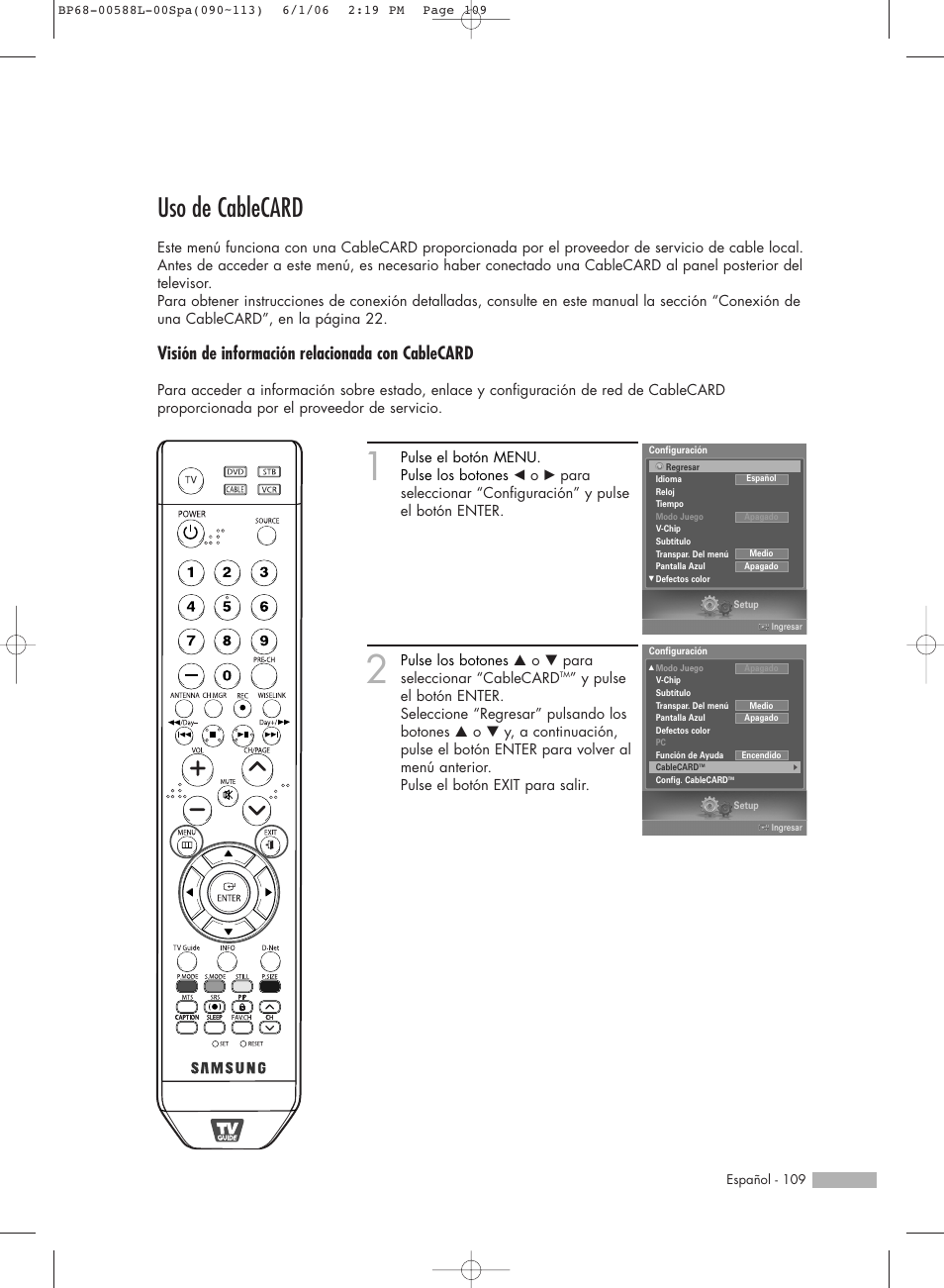 Uso de cablecard, Visión de información relacionada con cablecard | Samsung HL-S5088W User Manual | Page 109 / 164