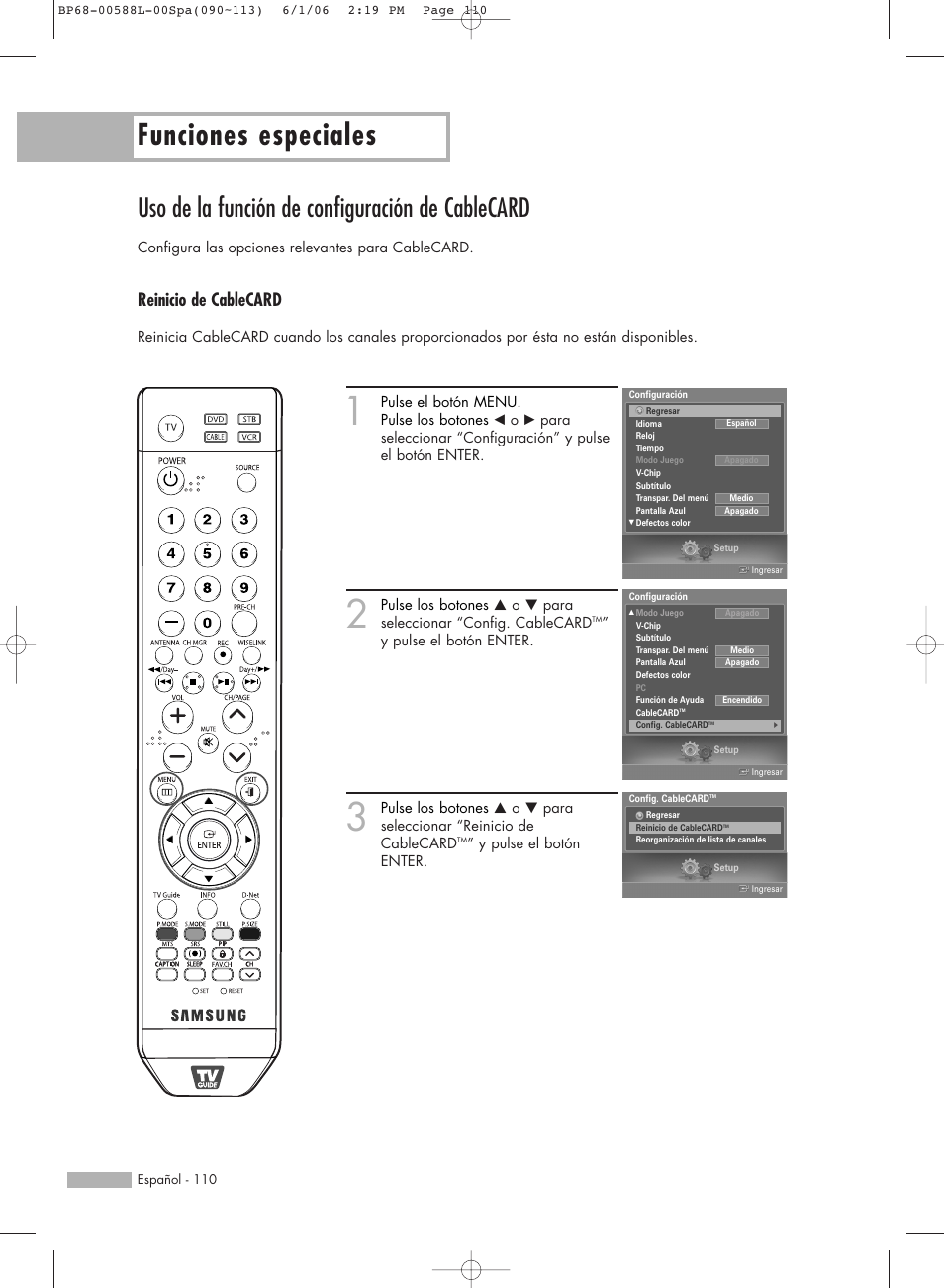 Funciones especiales, Uso de la función de configuración de cablecard, Reinicio de cablecard | Samsung HL-S5088W User Manual | Page 110 / 164