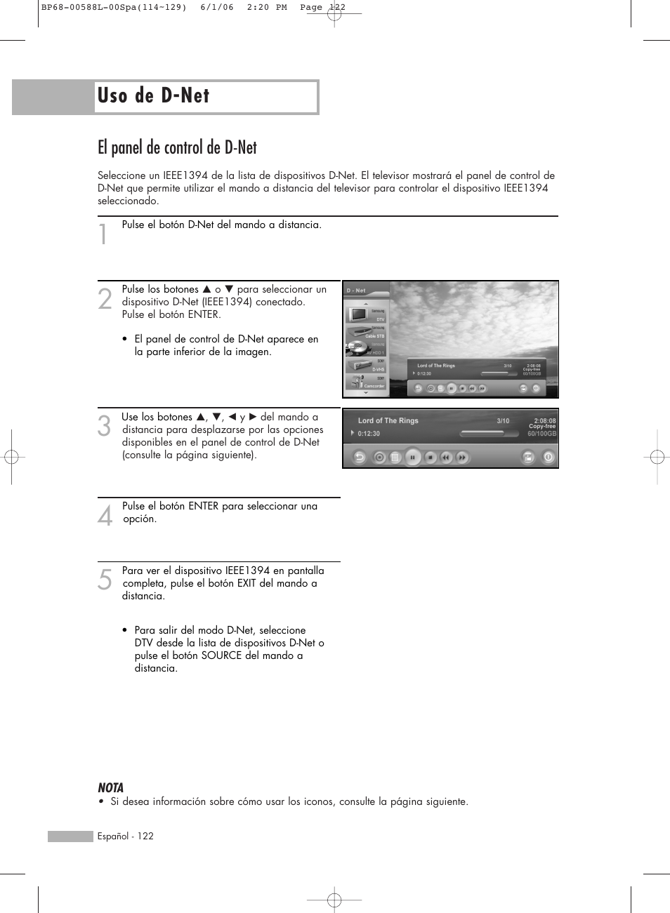 Uso de d-net, El panel de control de d-net | Samsung HL-S5088W User Manual | Page 122 / 164