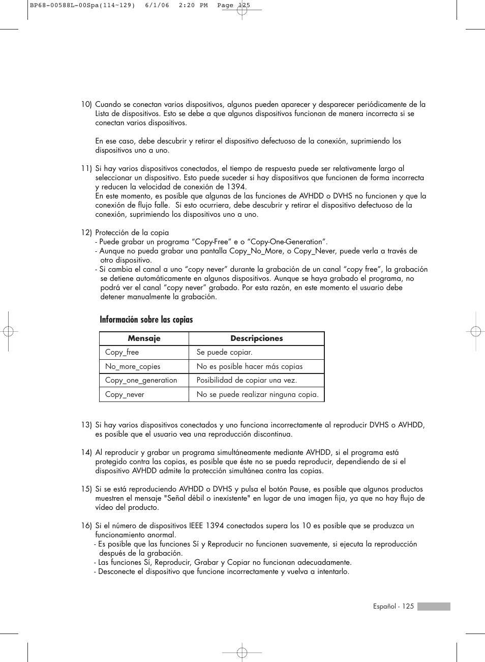 Información sobre las copias | Samsung HL-S5088W User Manual | Page 125 / 164