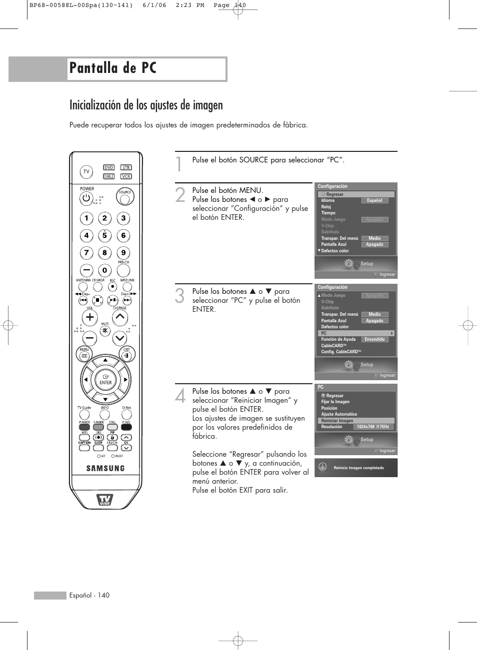 Pantalla de pc, Inicialización de los ajustes de imagen | Samsung HL-S5088W User Manual | Page 140 / 164