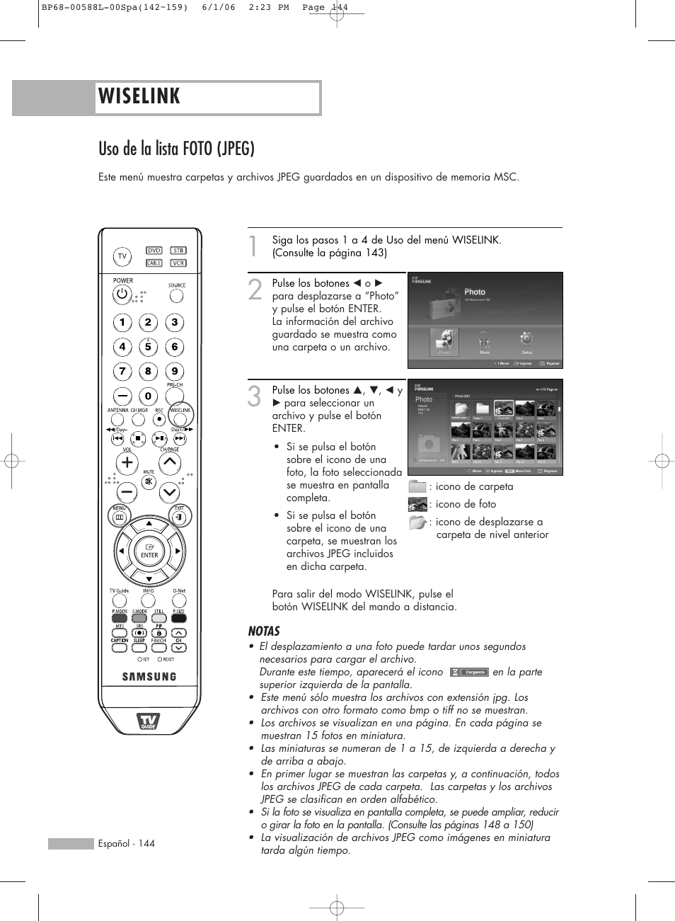 Wiselink, Uso de la lista foto (jpeg), Notas | Samsung HL-S5088W User Manual | Page 144 / 164