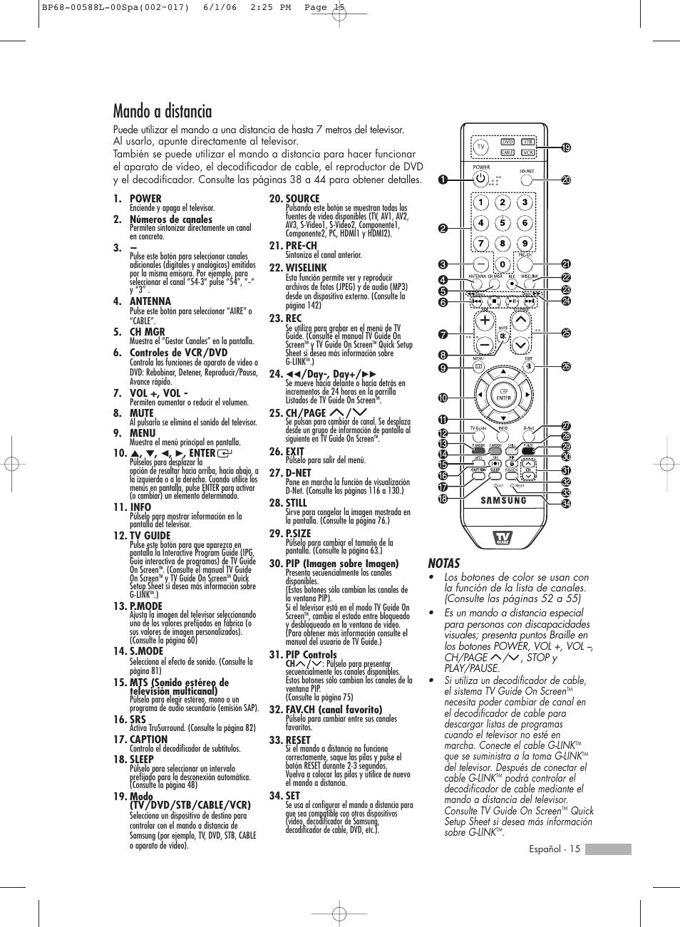 Mando a distancia, Notas | Samsung HL-S5088W User Manual | Page 15 / 164