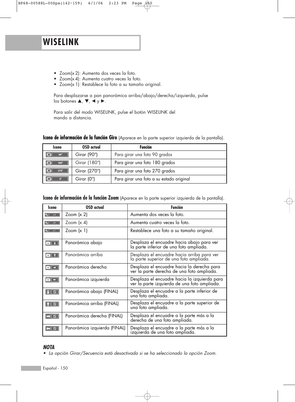 Wiselink, Icono de información de la función zoom, Icono de información de la función giro | Nota | Samsung HL-S5088W User Manual | Page 150 / 164