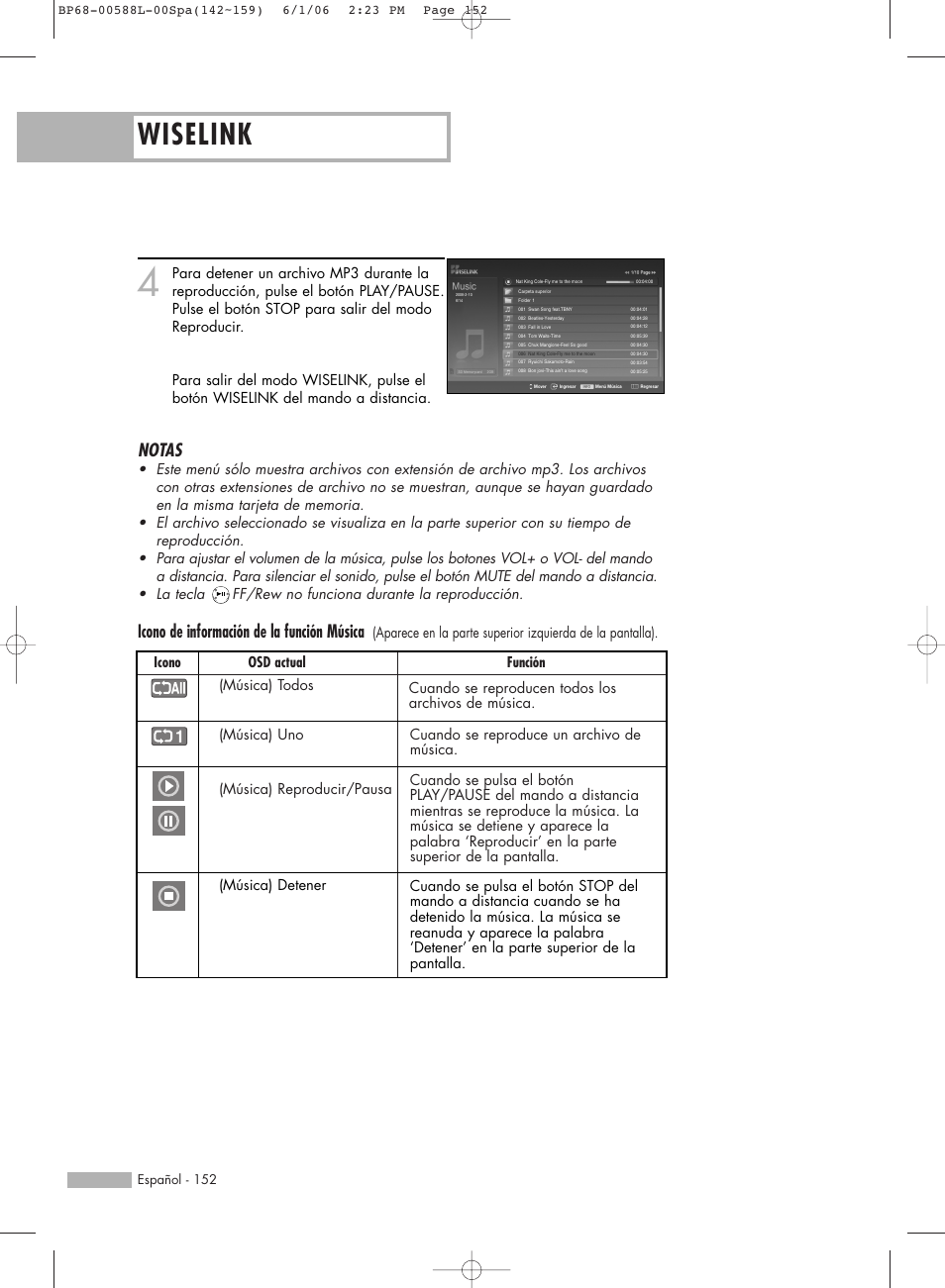 Wiselink, Notas, Icono de información de la función música | Samsung HL-S5088W User Manual | Page 152 / 164