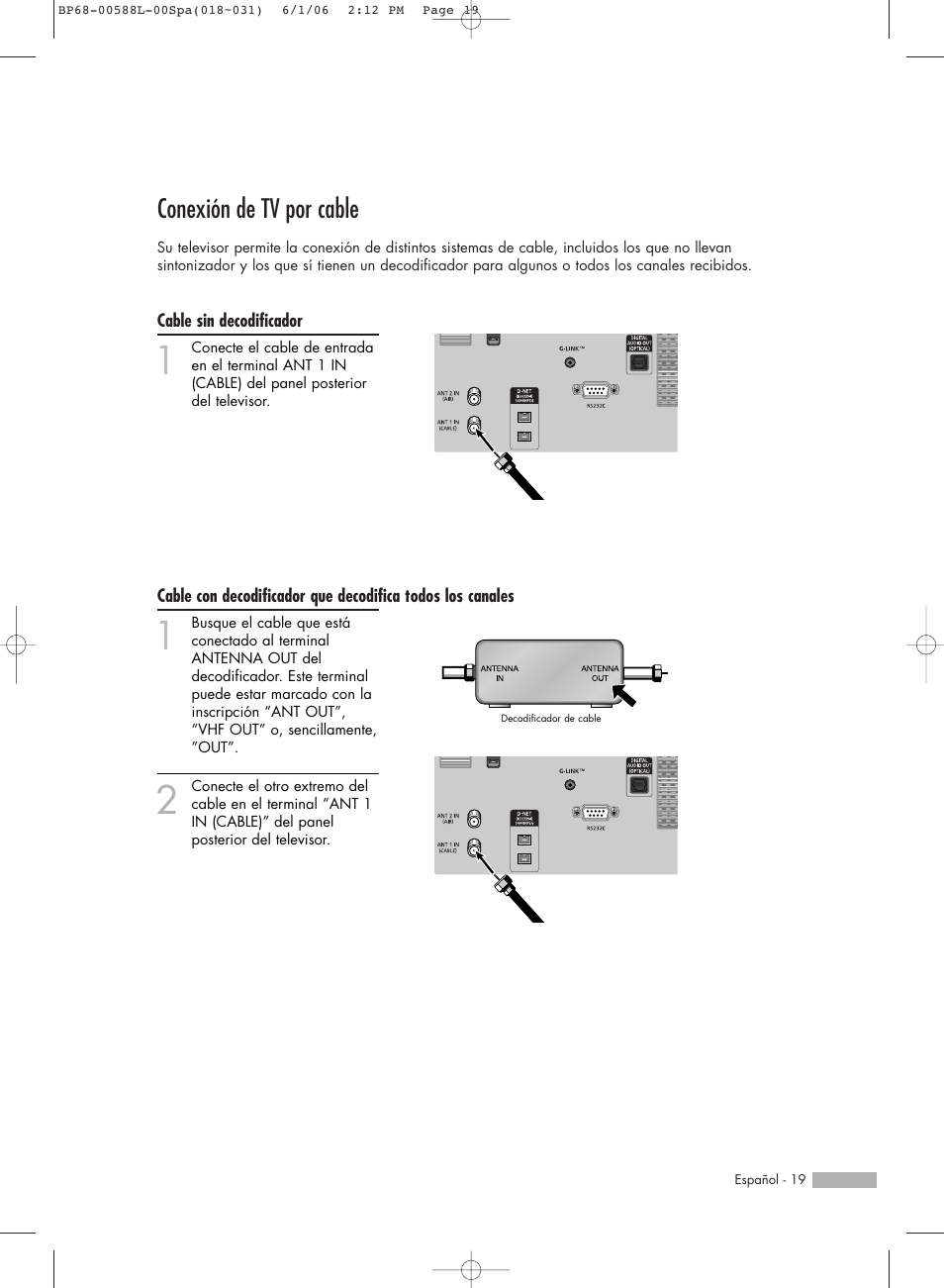 Conexión de tv por cable | Samsung HL-S5088W User Manual | Page 19 / 164