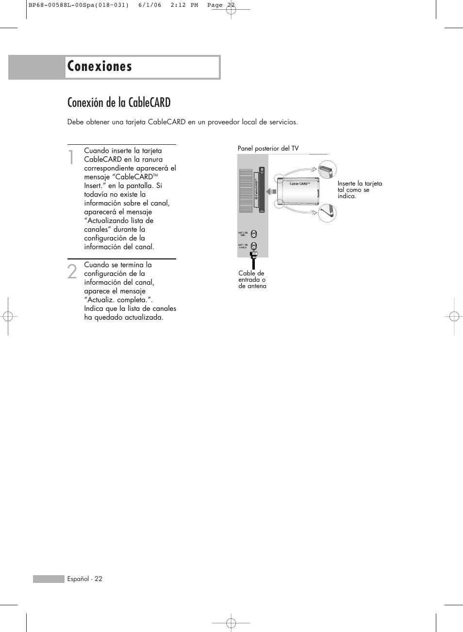 Conexiones, Conexión de la cablecard | Samsung HL-S5088W User Manual | Page 22 / 164